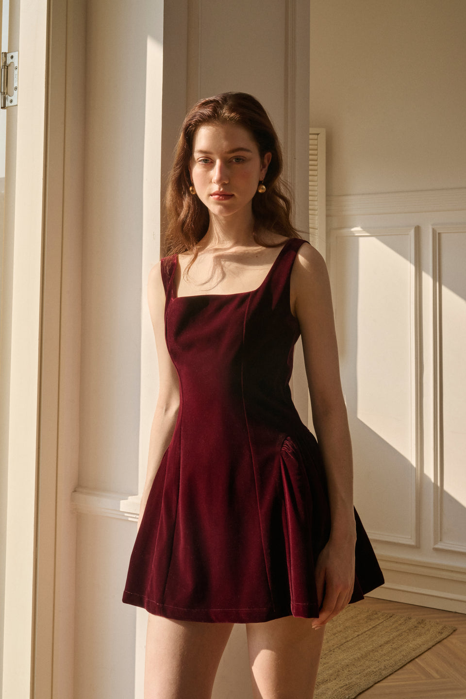 Gold velvet square neck ruffled high waist tight temperament commuter dress main image 1