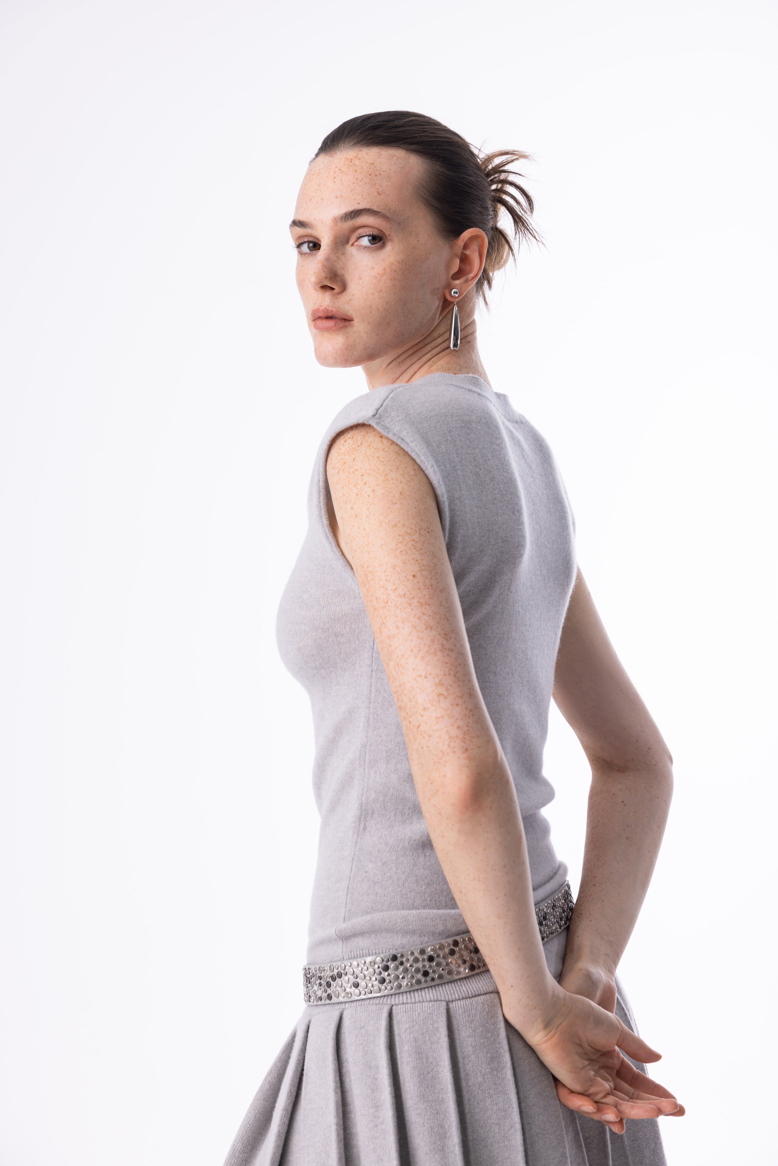 V neck pleated wool dress