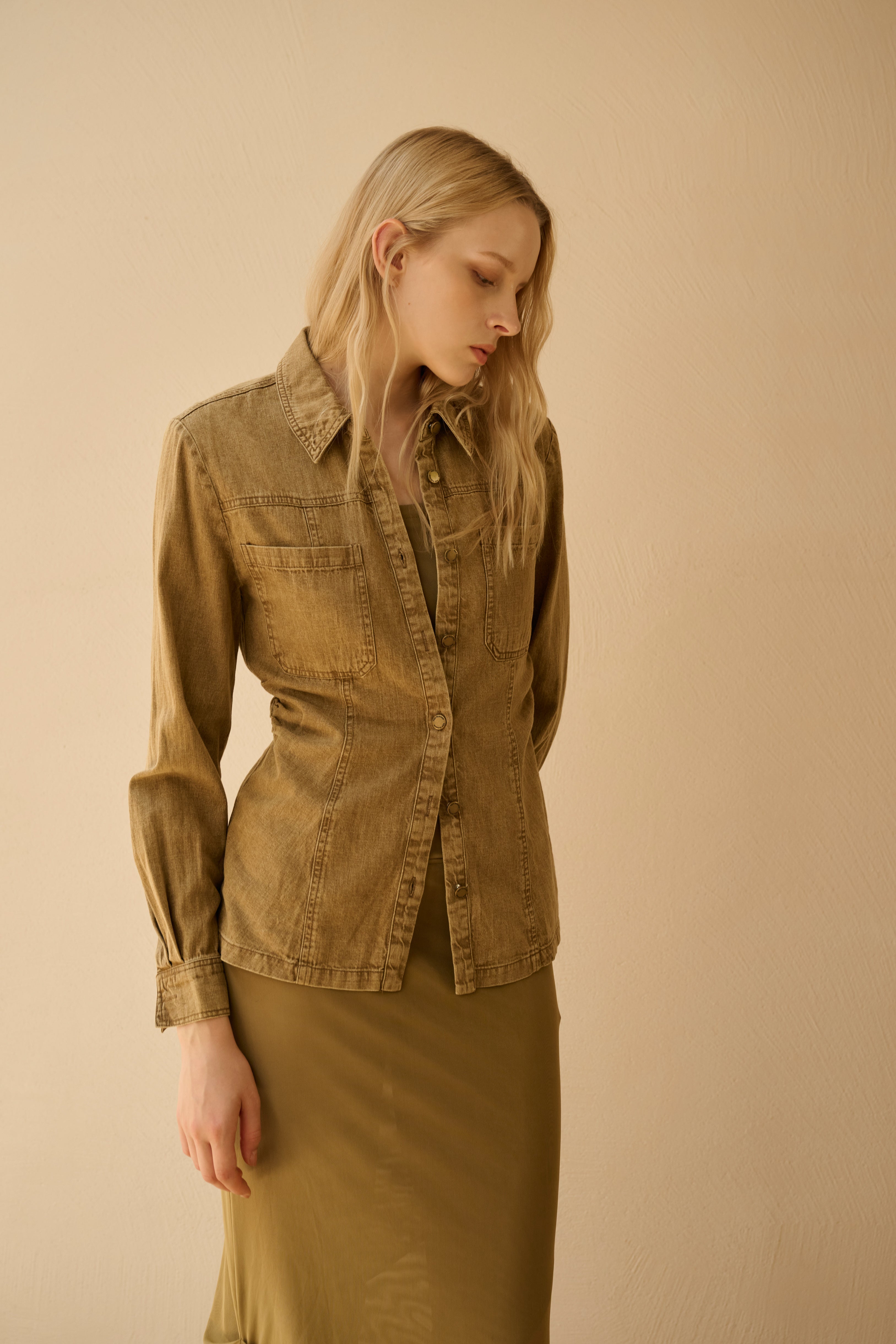 Washed denim cinched-waist shirt