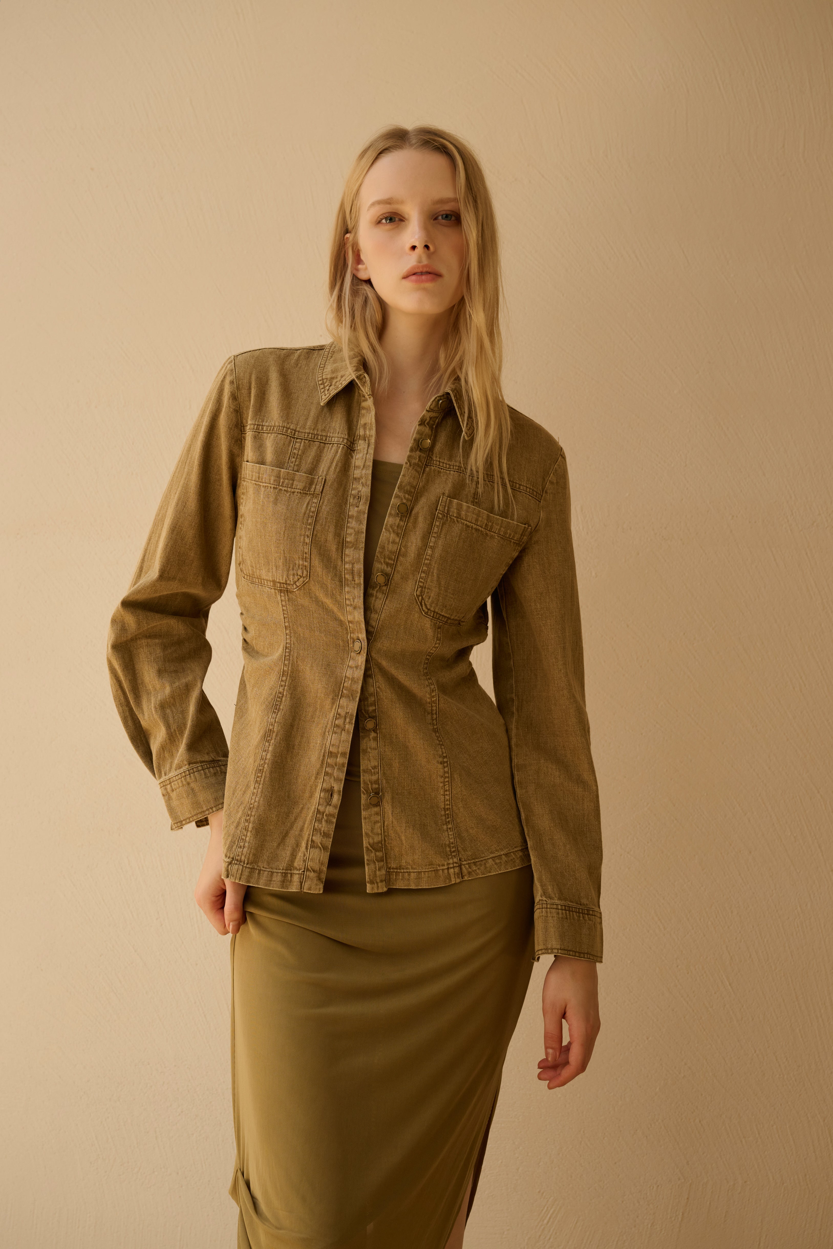 Washed denim cinched-waist shirt