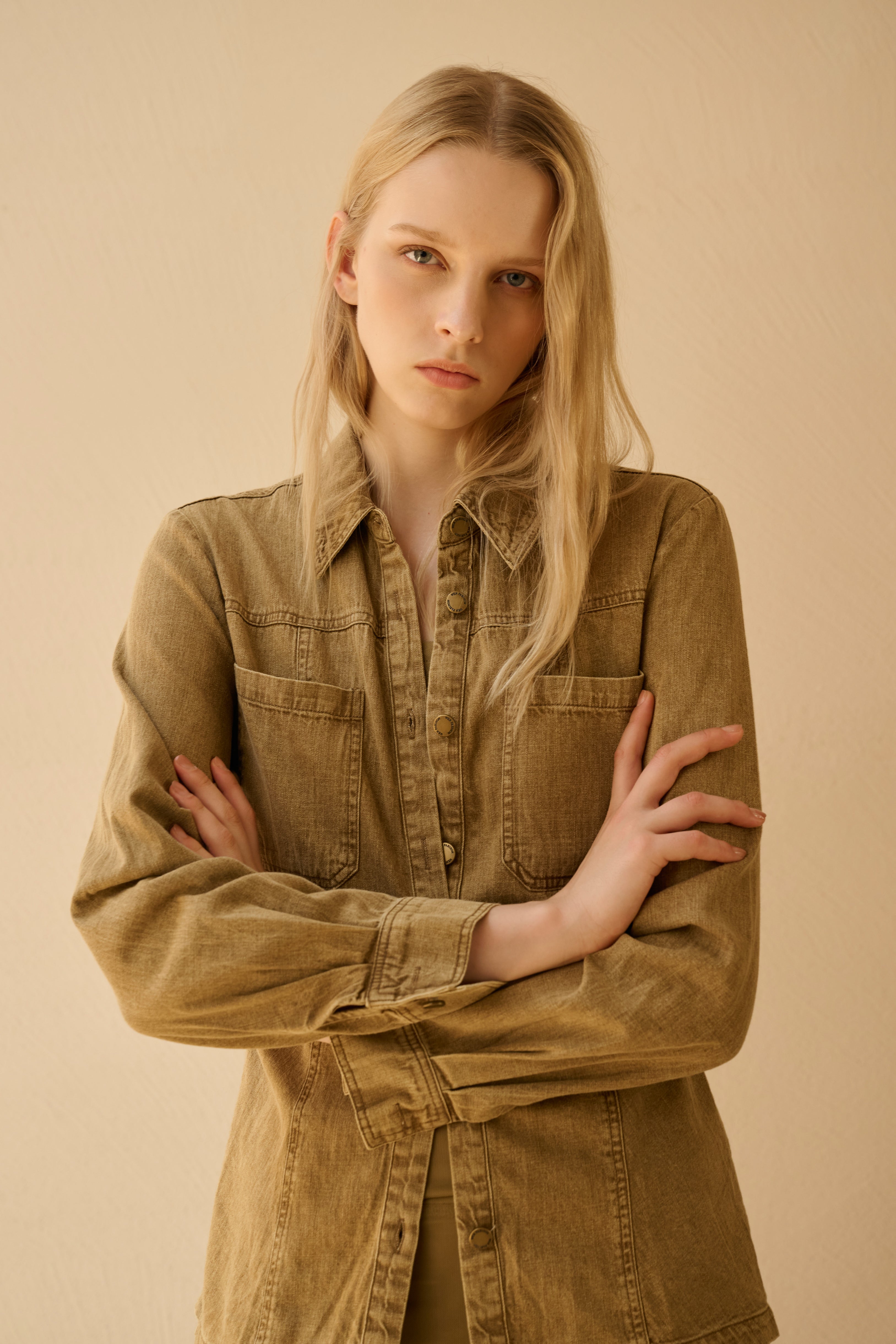 Washed denim cinched-waist shirt