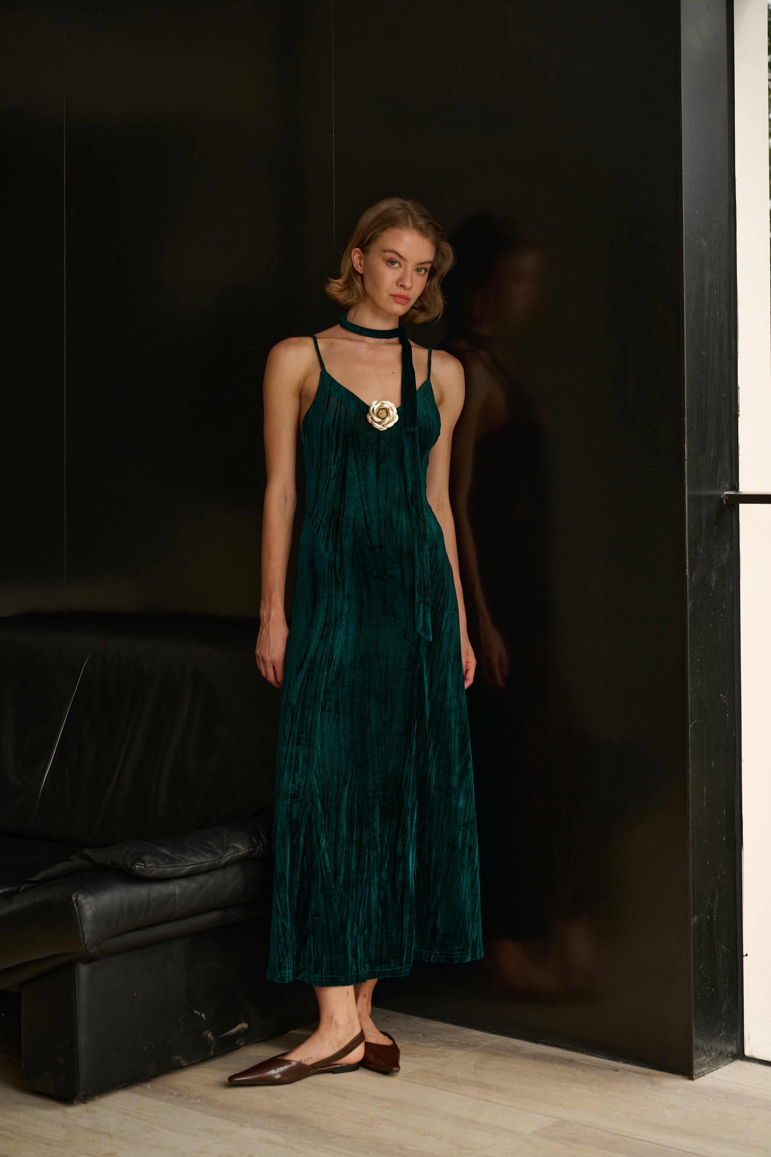 green velvet spaghetti strap dress Dark Green Velvet Prom Dress with 3D Floral Spaghetti Strap 22266