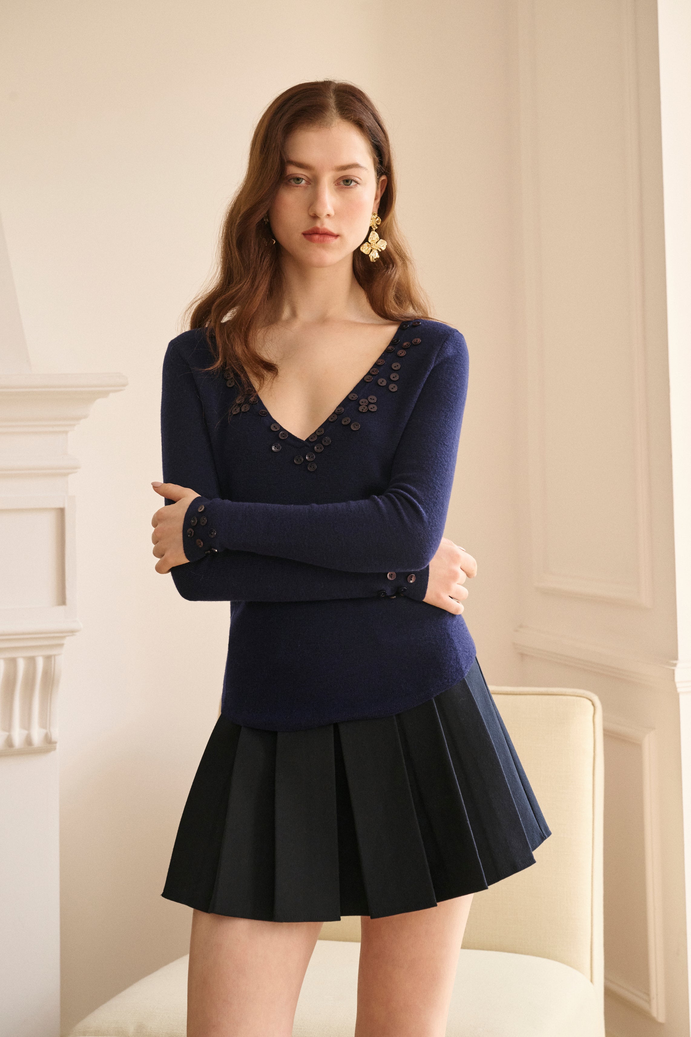 Wool blend pleated mini skirt