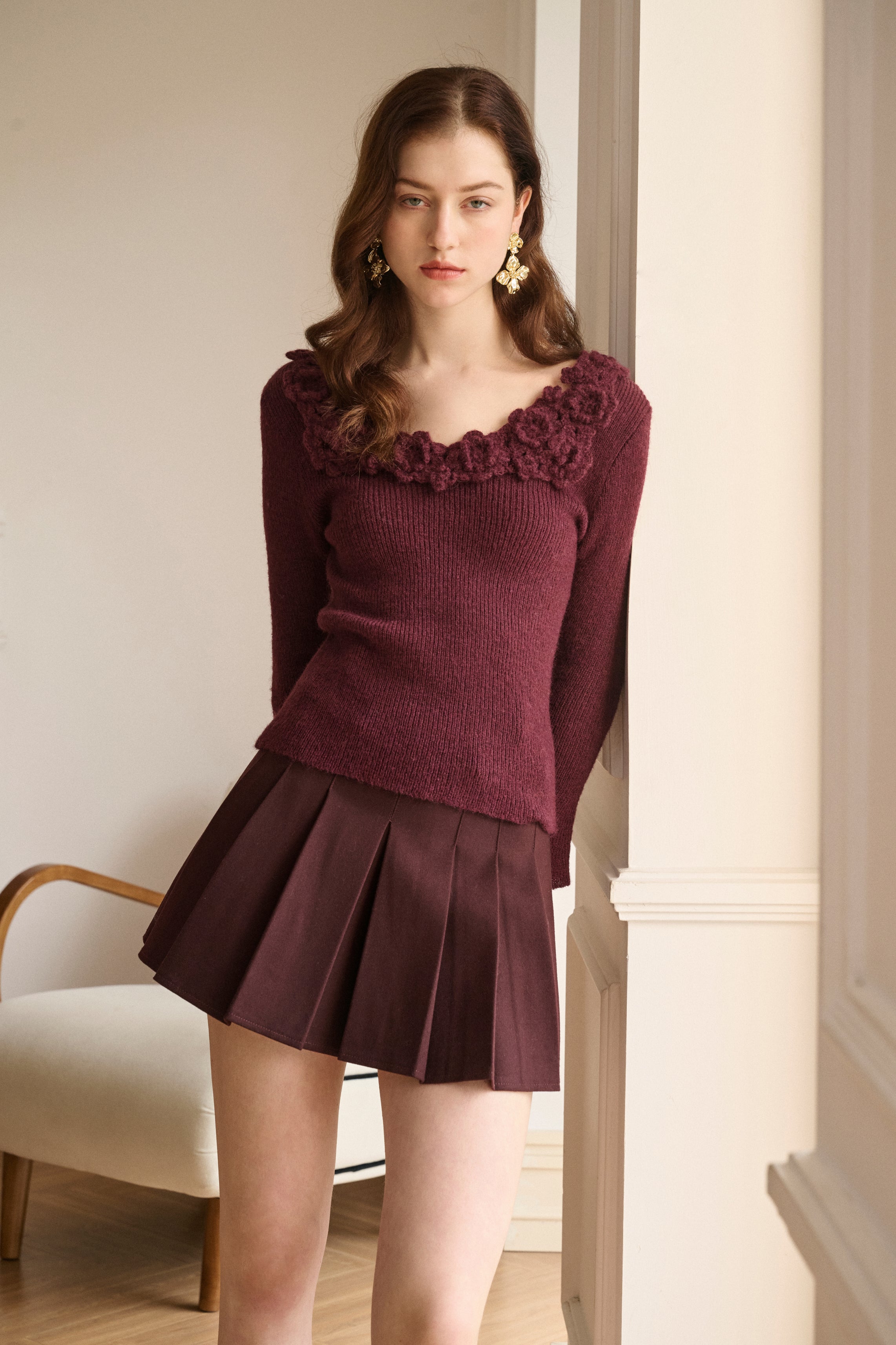 Wool blend pleated mini skirt